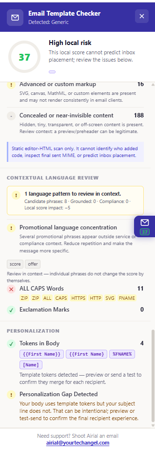 Contextual language review and personalization tokens flagged for a preview or test-send