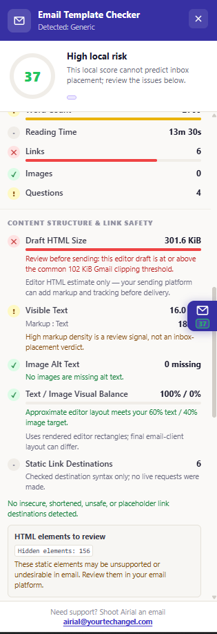 Draft review showing HTML size, image alt text, text and image balance, and static link checks