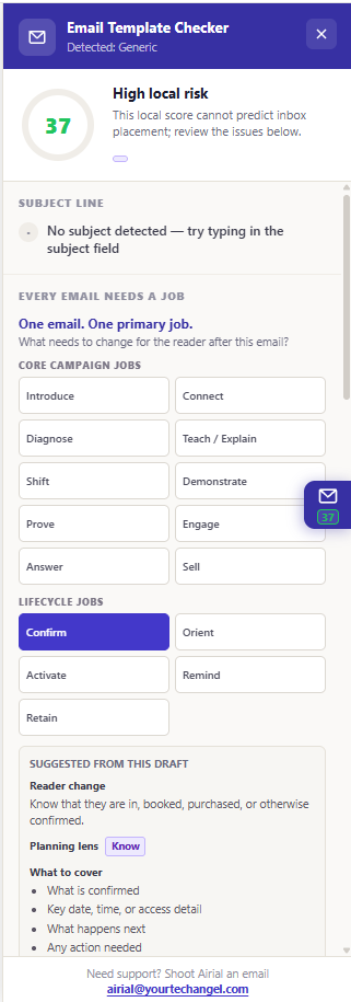 Email job selector with campaign and lifecycle jobs and prompts for a confirmation email